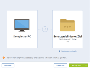 Datensicherung, Backup Strategien Maske eines Backup Programms